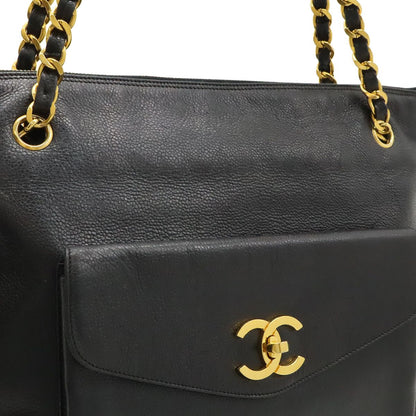 Chanel CC Logo Tote Chain Shoulder Bag Caviar Leather Black Gold — view 8