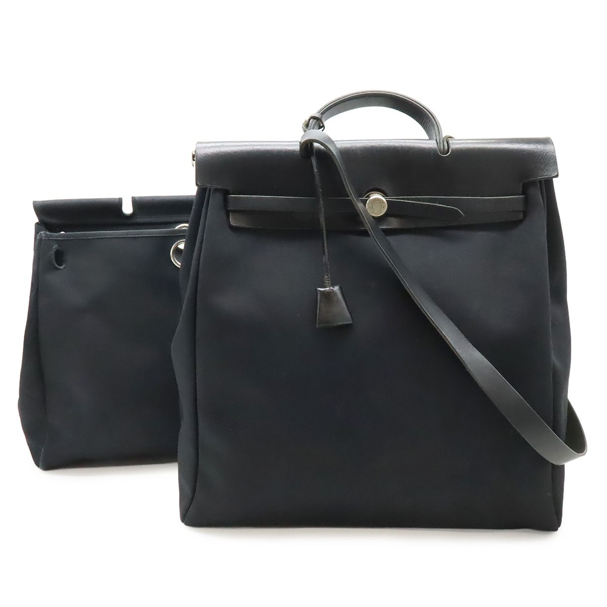 Hermes Herbag MM 2-Way Shoulder Bag Toile Officier Leather Black Silver