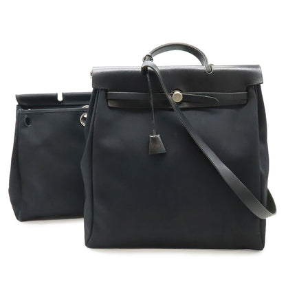 Hermes Herbag MM 2-Way Shoulder Bag Toile Officier Leather Black Silver