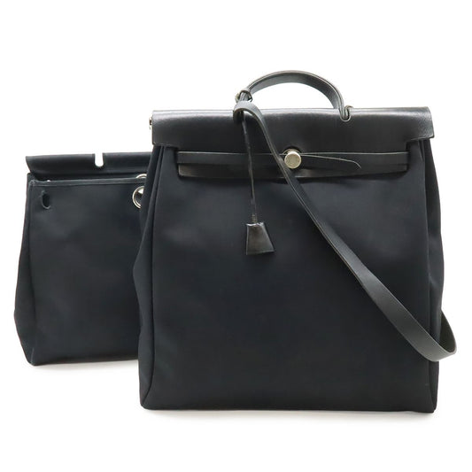 Hermes Herbag MM 2-Way Shoulder Bag Toile Officier Leather Black Silver