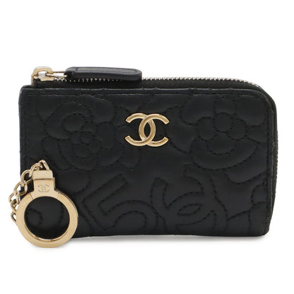 Chanel Camellia CC Logo Coin Purse L-shaped Zipper Lambskin Leather Black Gold