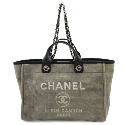 Chanel Deauville Tote GM Logo 2-Way Chain Shoulder Bag Canvas Leather Gray Black
