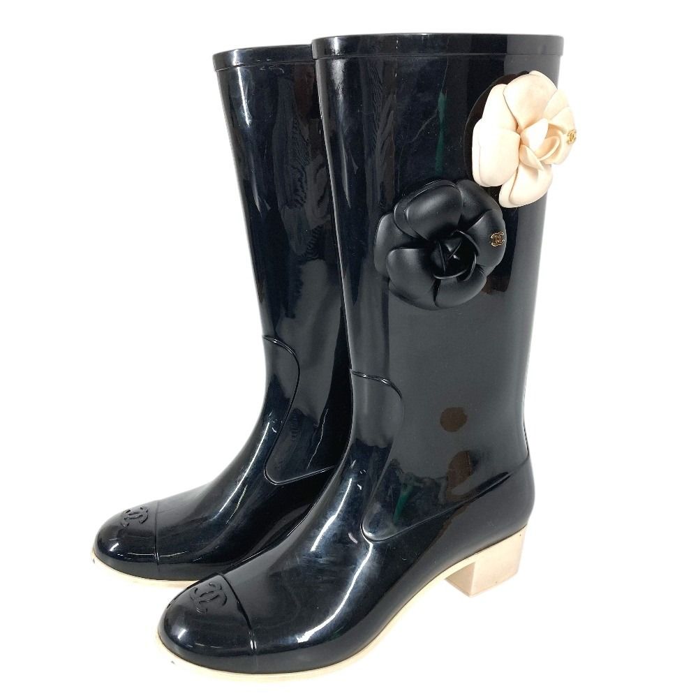 Chanel Rain Shoes Camellia CC Logo Rubber Black