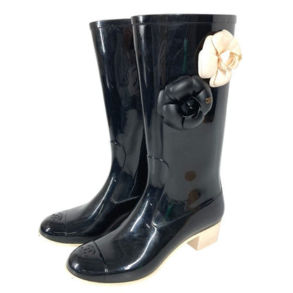 Chanel Rain Shoes Camellia CC Logo Rubber Black