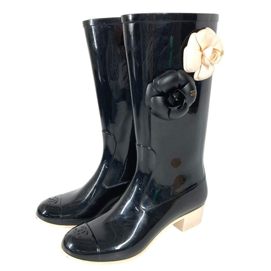Chanel Rain Shoes Camellia CC Logo Rubber Black