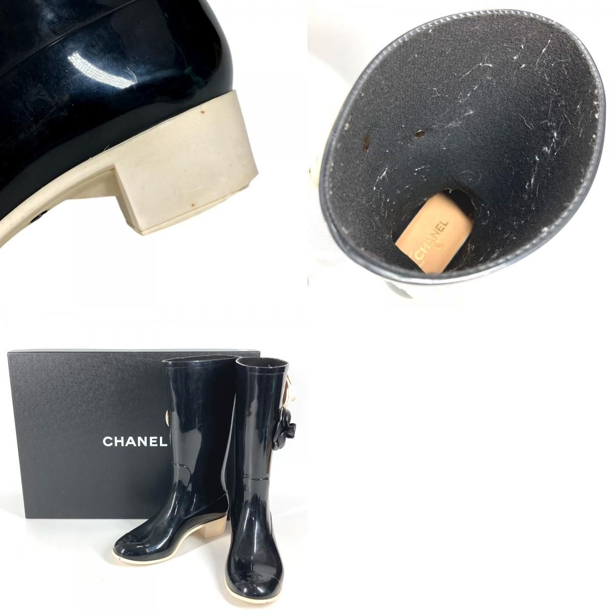 Chanel Rain Shoes Camellia CC Logo Rubber Black