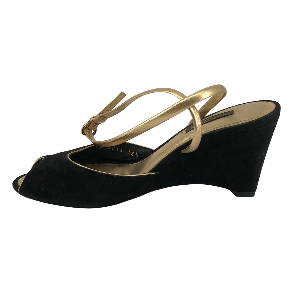 Louis Vuitton Sofia Coppola Suede Open Toe Wedge Sole Sandals Black Gold 36.5 — view 2