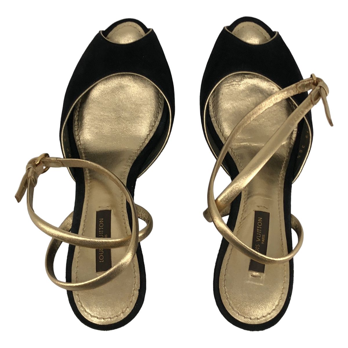 Louis Vuitton Sofia Coppola Suede Open Toe Wedge Sole Sandals Black Gold 36.5 — view 4