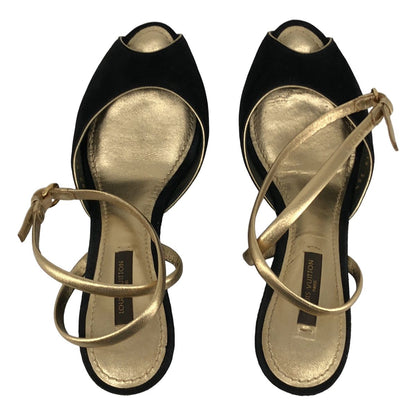 Louis Vuitton Sofia Coppola Suede Open Toe Wedge Sole Sandals Black Gold 36.5 — view 4