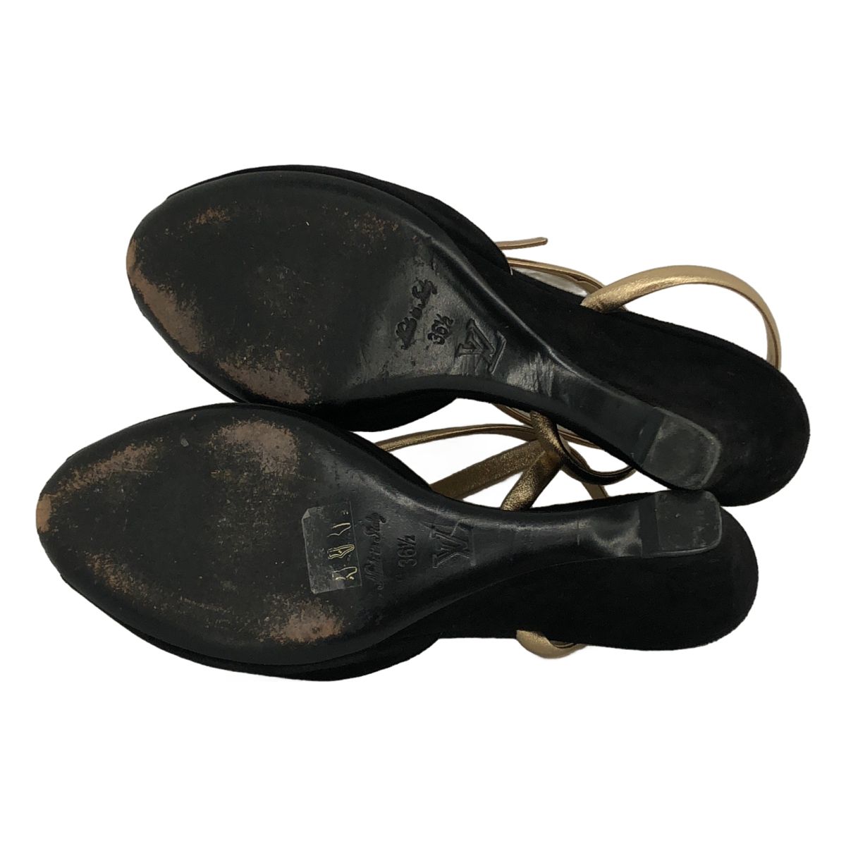 Louis Vuitton Sofia Coppola Suede Open Toe Wedge Sole Sandals Black Gold 36.5 — view 5