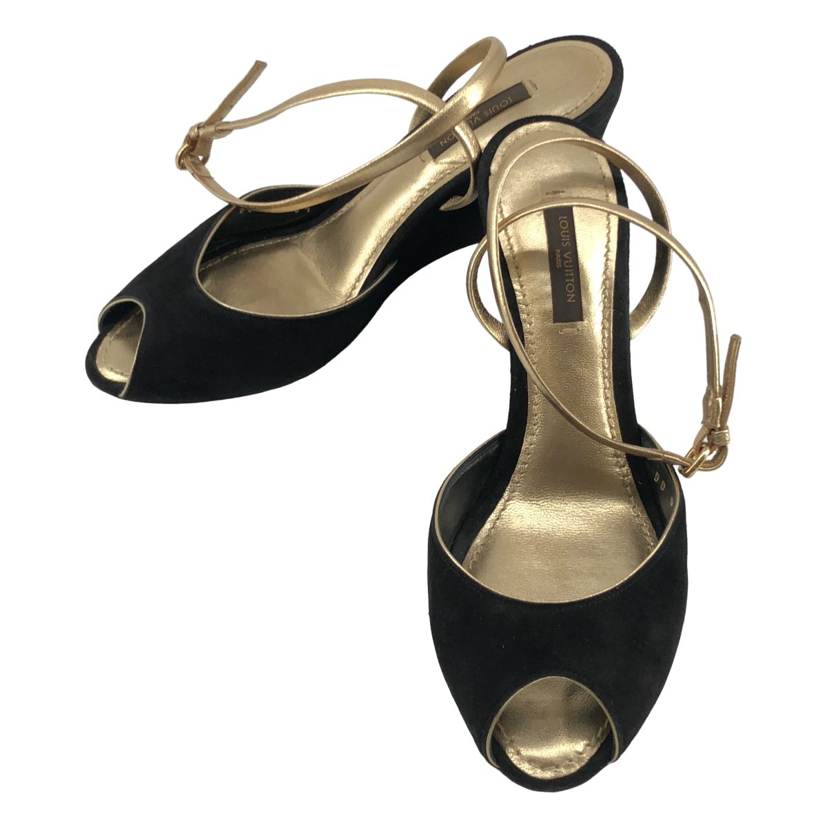Louis Vuitton Sofia Coppola Suede Open Toe Wedge Sole Sandals Black Gold 36.5