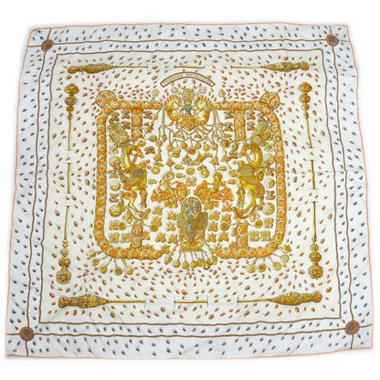 Hermes Carre 90 Tresors Retrouves Hidden Treasure with Card White Orange Scarf