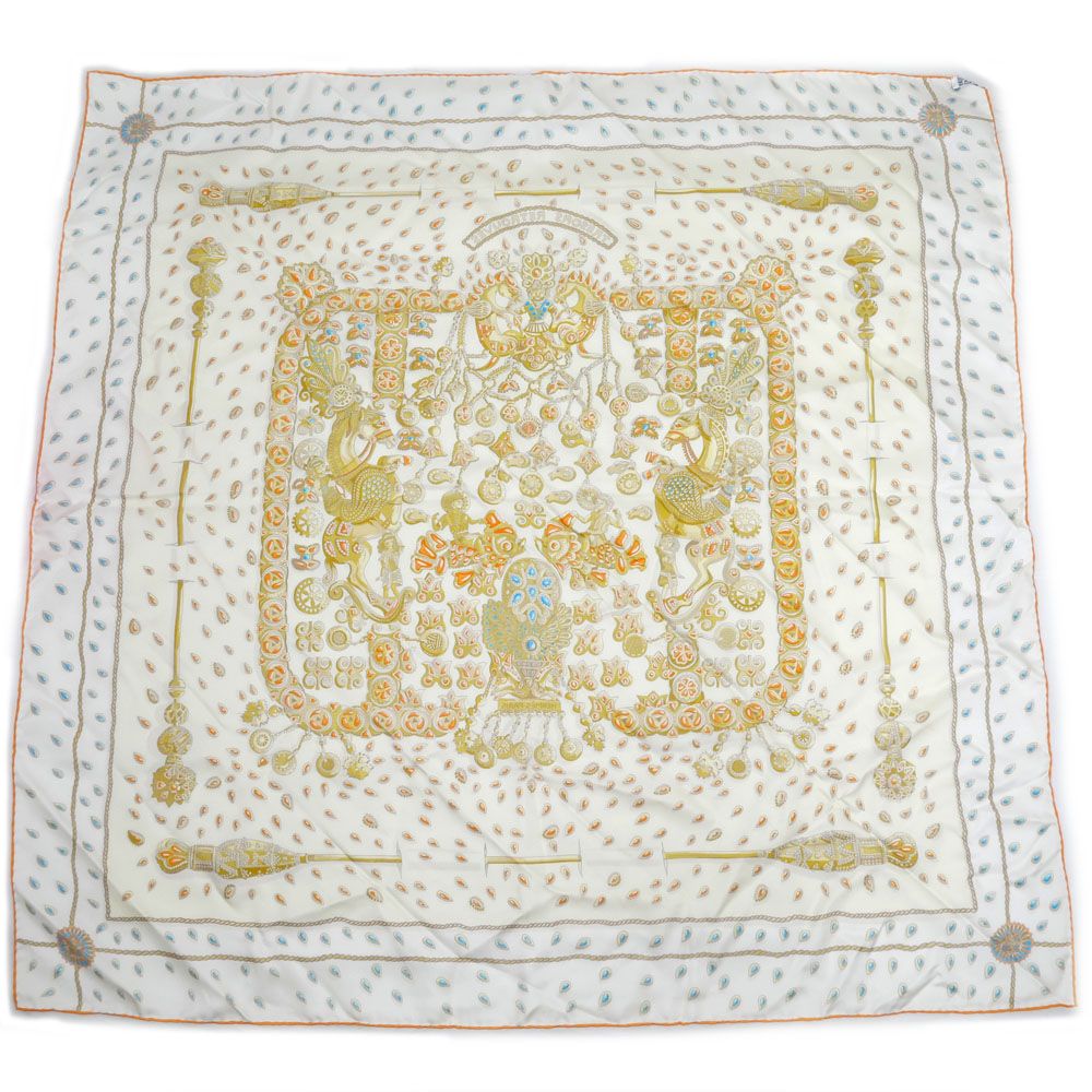Hermes Carre 90 Tresors Retrouves Hidden Treasure with Card White Orange Scarf — view 2