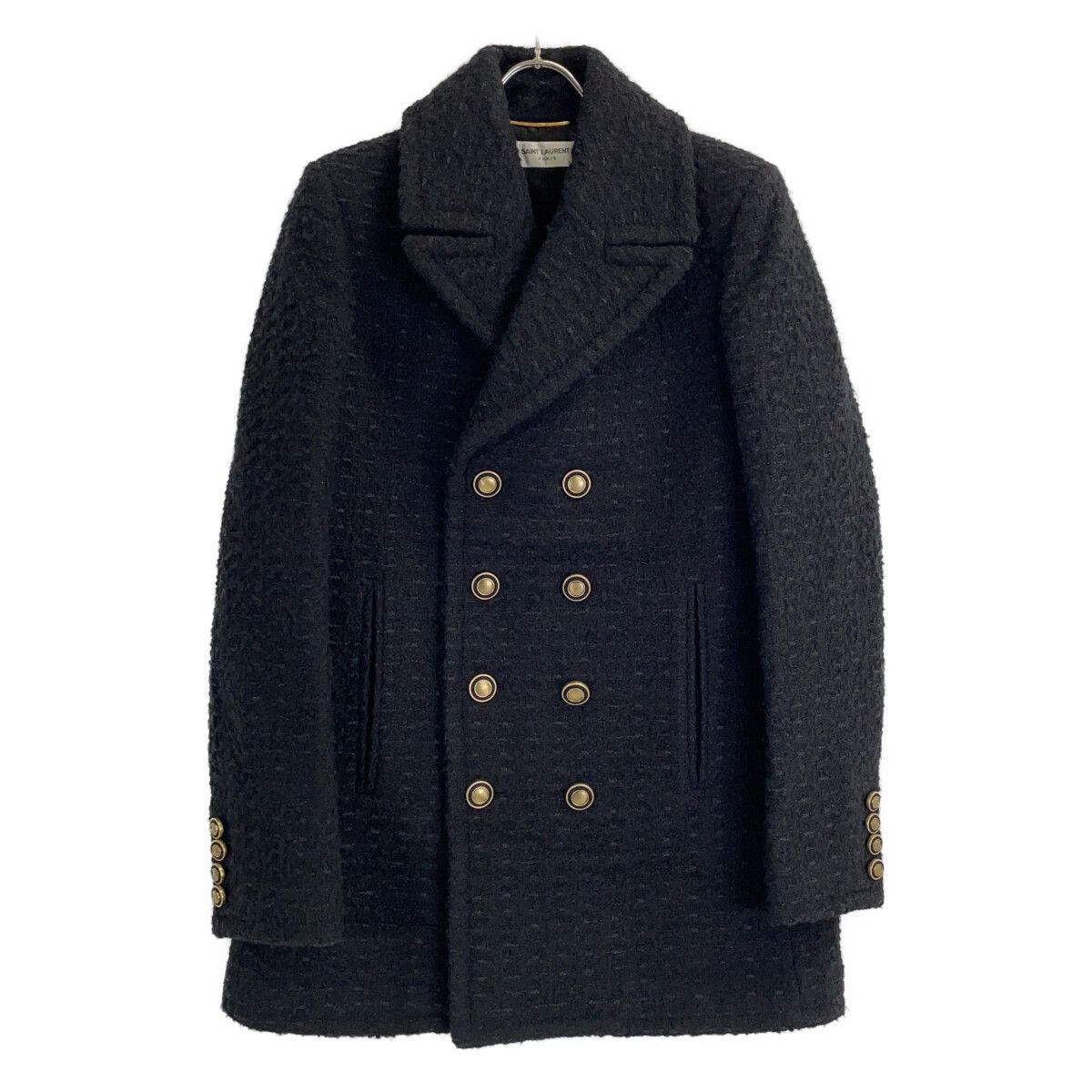 Saint Laurent Paris Black Wool Tweed Double Breasted Pea Coat 36