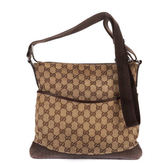Gucci Vintage Flap Bag Messenger Beige Dark Brown GG Canvas