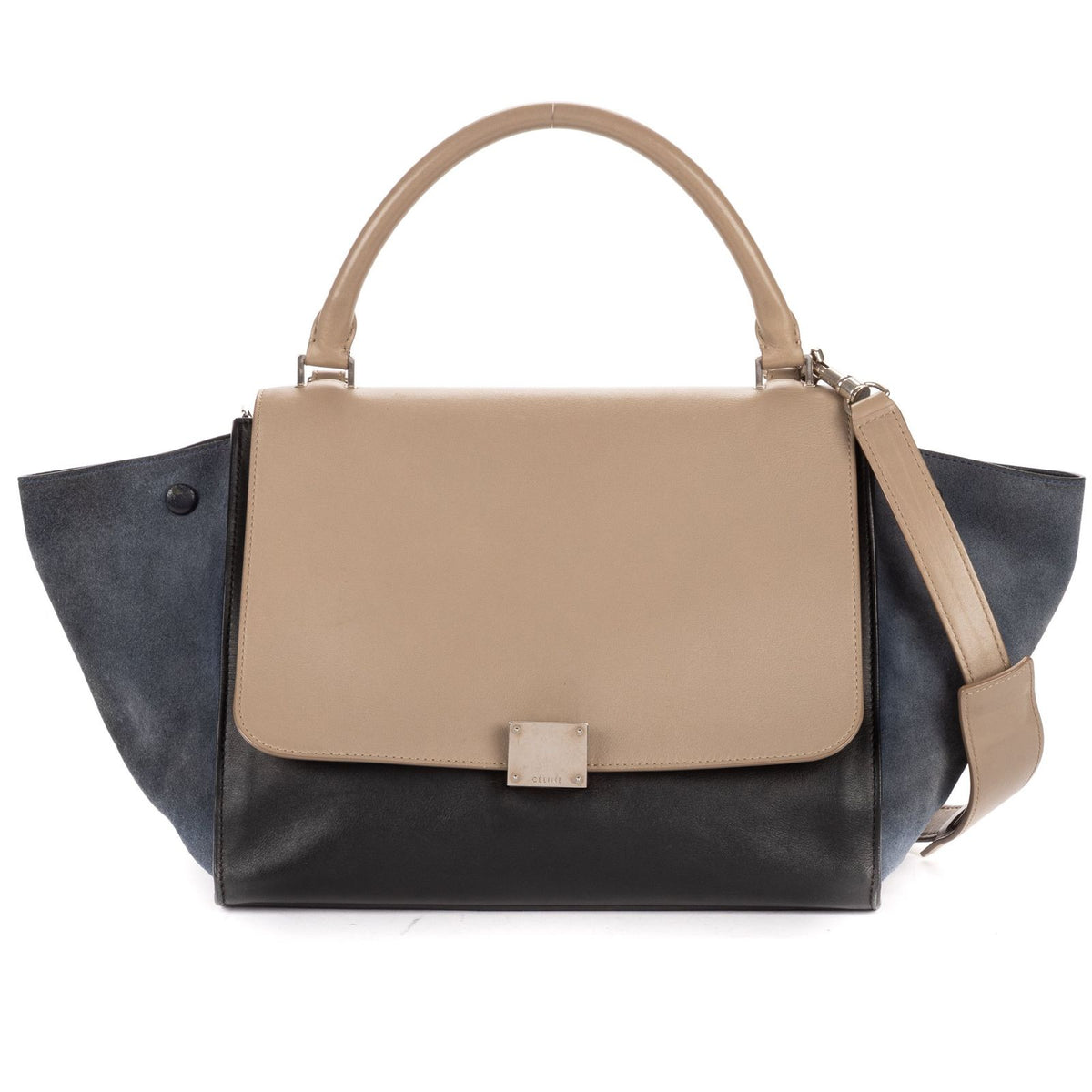 Celine Small Tricolor Trapeze Gray Black Blue Calfskin Leather Shoulder Bag