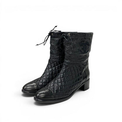 Chanel Boots Short Shoes Leather Black CC Logo Quilted Processing