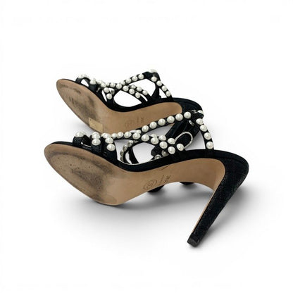 Chanel Sandals Shoes Leather Black Silver CC Logo Pearl Quilted Strap — view 6