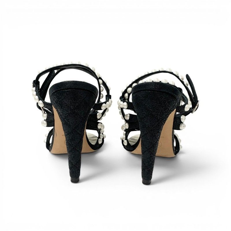 Chanel Sandals Shoes Leather Black Silver CC Logo Pearl Quilted Strap — view 5