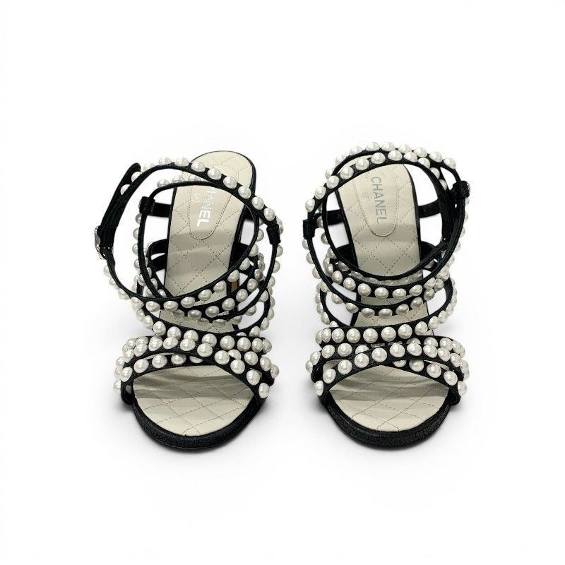 Chanel Sandals Shoes Leather Black Silver CC Logo Pearl Quilted Strap — view 2