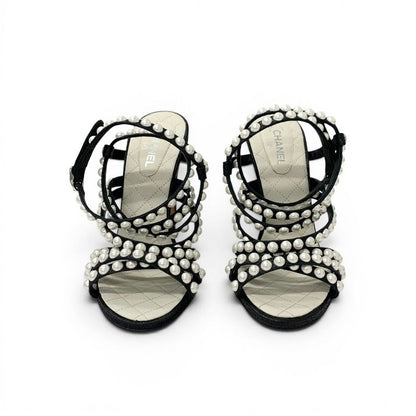 Chanel Sandals Shoes Leather Black Silver CC Logo Pearl Quilted Strap — view 2