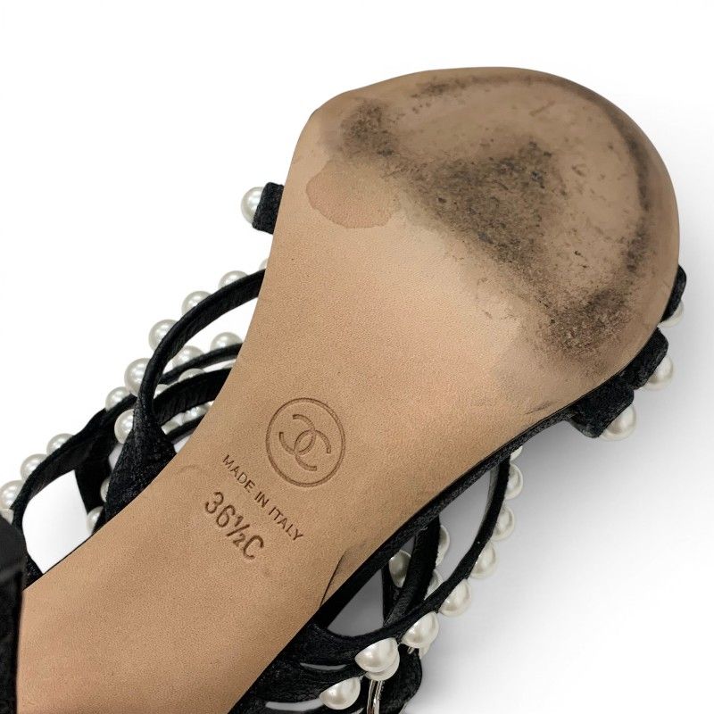 Chanel Sandals Shoes Leather Black Silver CC Logo Pearl Quilted Strap — view 8