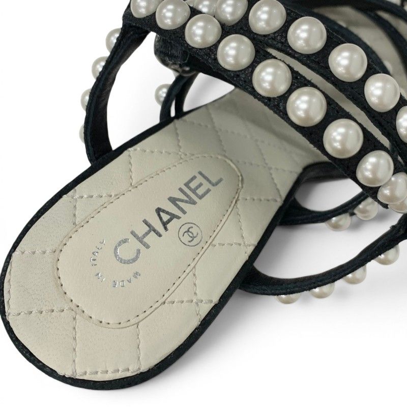 Chanel Sandals Shoes Leather Black Silver CC Logo Pearl Quilted Strap — view 7