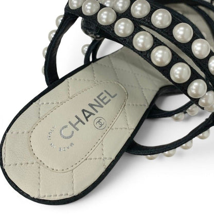 Chanel Sandals Shoes Leather Black Silver CC Logo Pearl Quilted Strap — view 7