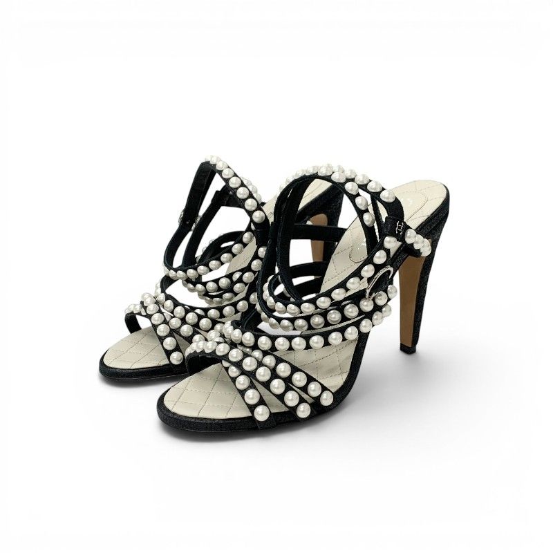 Chanel Sandals Shoes Leather Black Silver CC Logo Pearl Quilted Strap