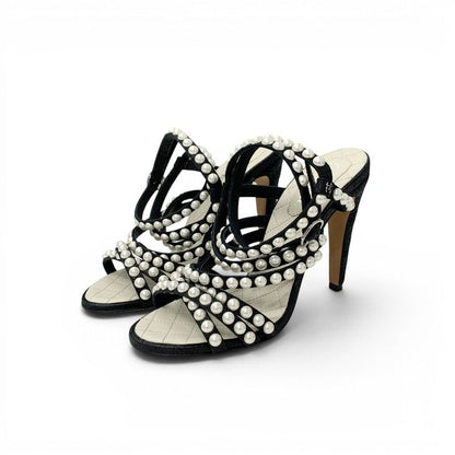 Chanel Sandals Shoes Leather Black Silver CC Logo Pearl Quilted Strap