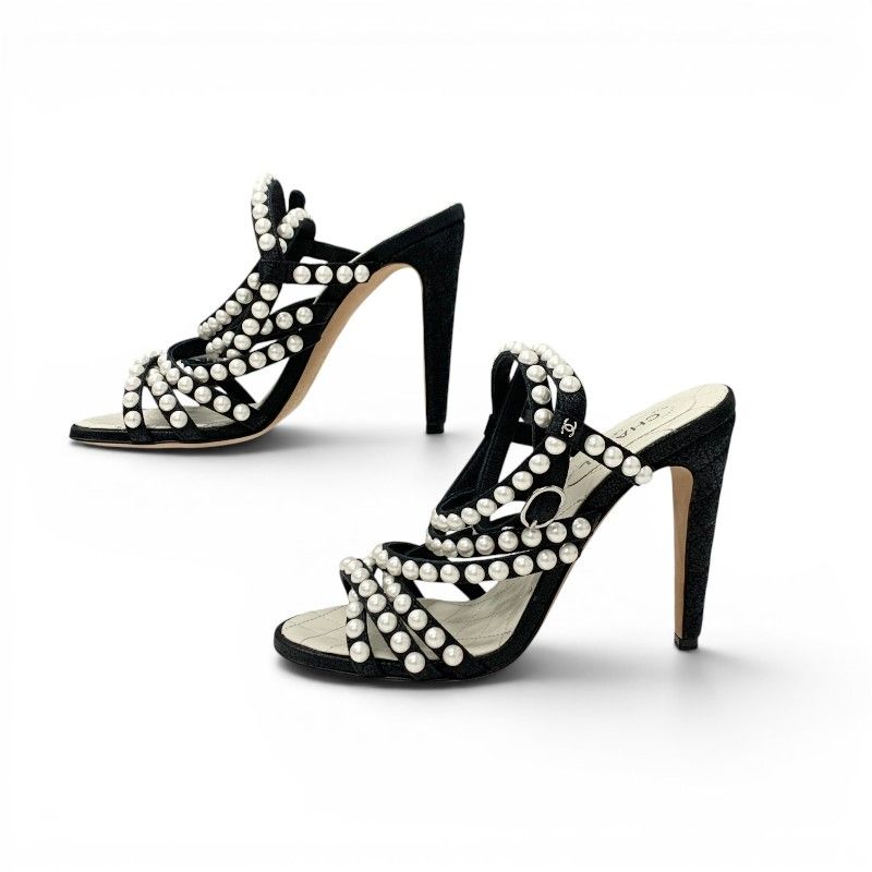 Chanel Sandals Shoes Leather Black Silver CC Logo Pearl Quilted Strap — view 3
