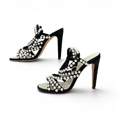 Chanel Sandals Shoes Leather Black Silver CC Logo Pearl Quilted Strap — view 3
