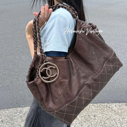 Chanel CC Logo Quilted Chain Tote Shoulder Bag Leather Brown Vintage