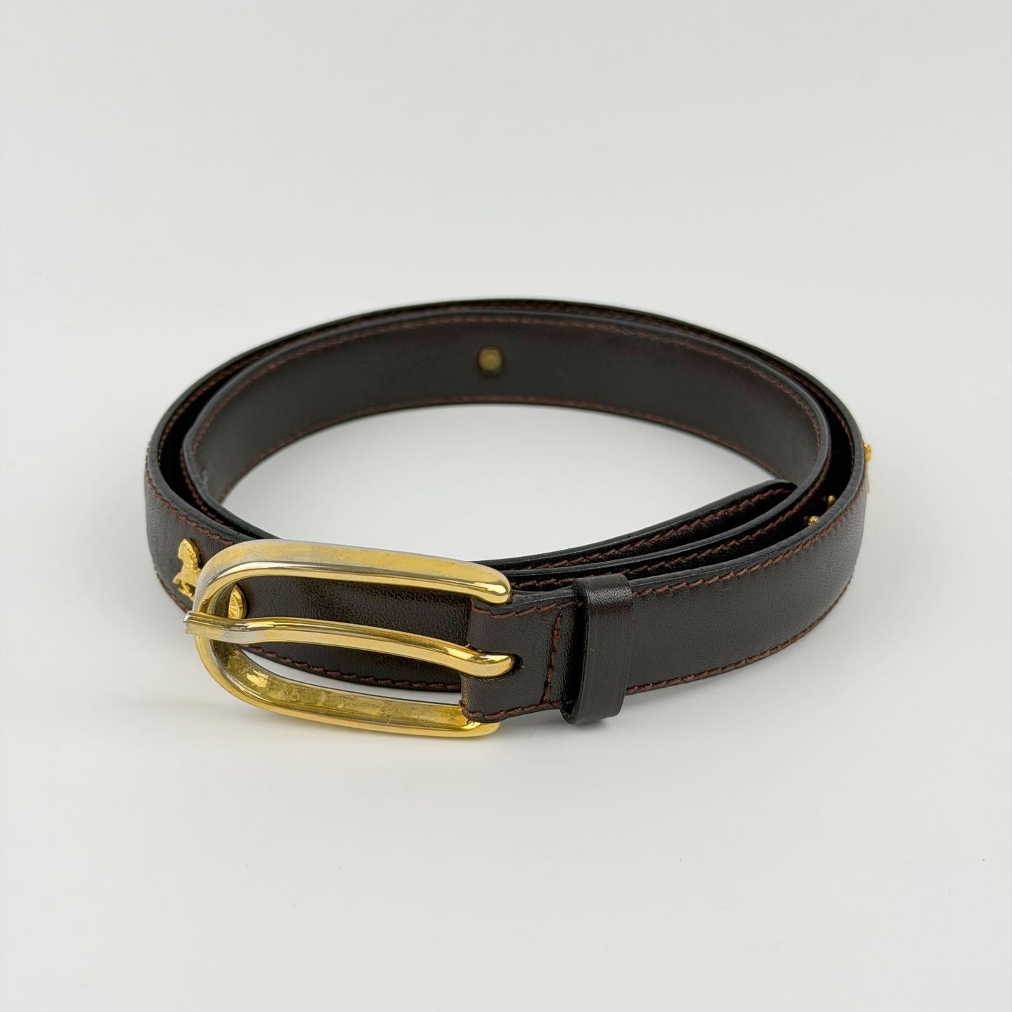 Celine Hose Carriage Leather Belt Dark Brown Gold Vintage