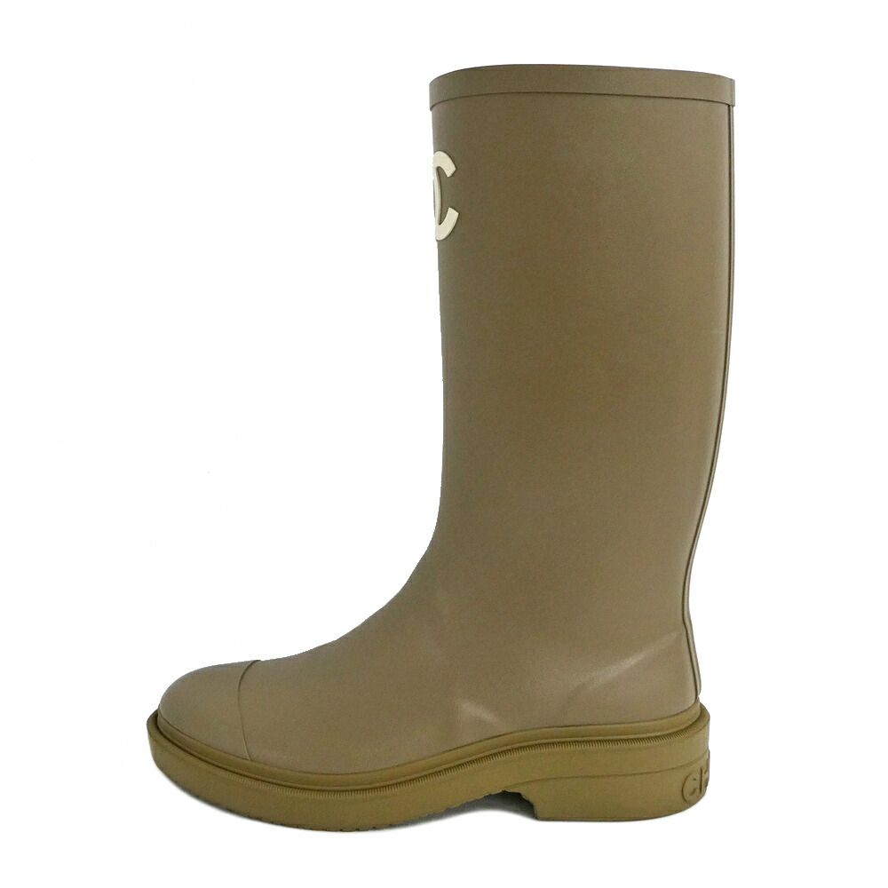 Chanel Lava Rain Boots Long Dark Beige Khaki Shoes 37