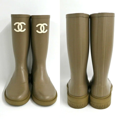 Chanel Lava Rain Boots Long Dark Beige Khaki Shoes 37 — view 2