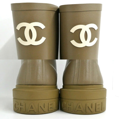 Chanel Lava Rain Boots Long Dark Beige Khaki Shoes 37 — view 3