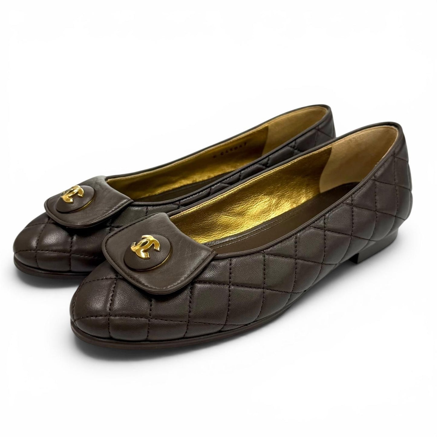 Chanel Ballerina CC Logo Quilted Ballet Shoes Brown Gold