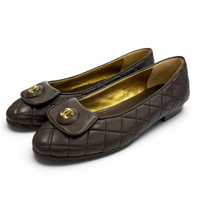 Chanel Ballerina CC Logo Quilted Ballet Shoes Brown Gold