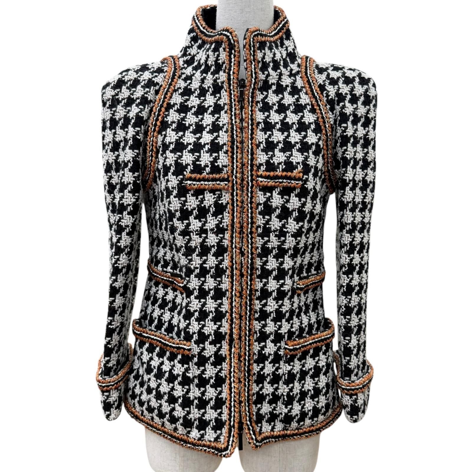 Chanel 17k Houndstooth Coco Button Zip Tweed Jacket Stand Collar Black 34