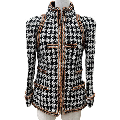 Chanel 17k Houndstooth Coco Button Zip Tweed Jacket Stand Collar Black 34
