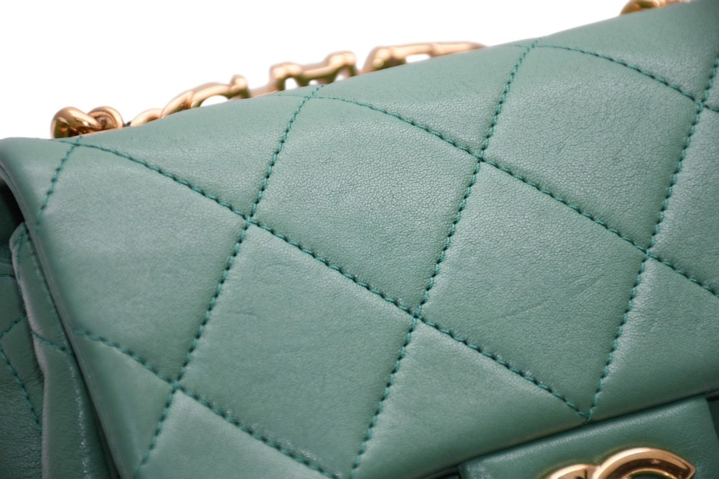 Chanel Mini Quilted Oval Logo Chain Handle Flap Bag Stand Lambskin Green Gold — view 4