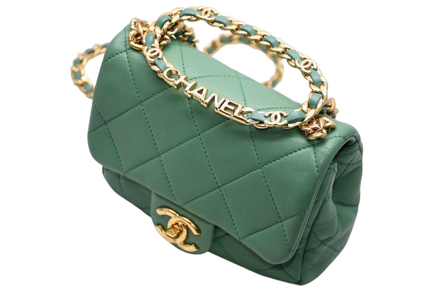 Chanel Mini Quilted Oval Logo Chain Handle Flap Bag Stand Lambskin Green Gold — view 6