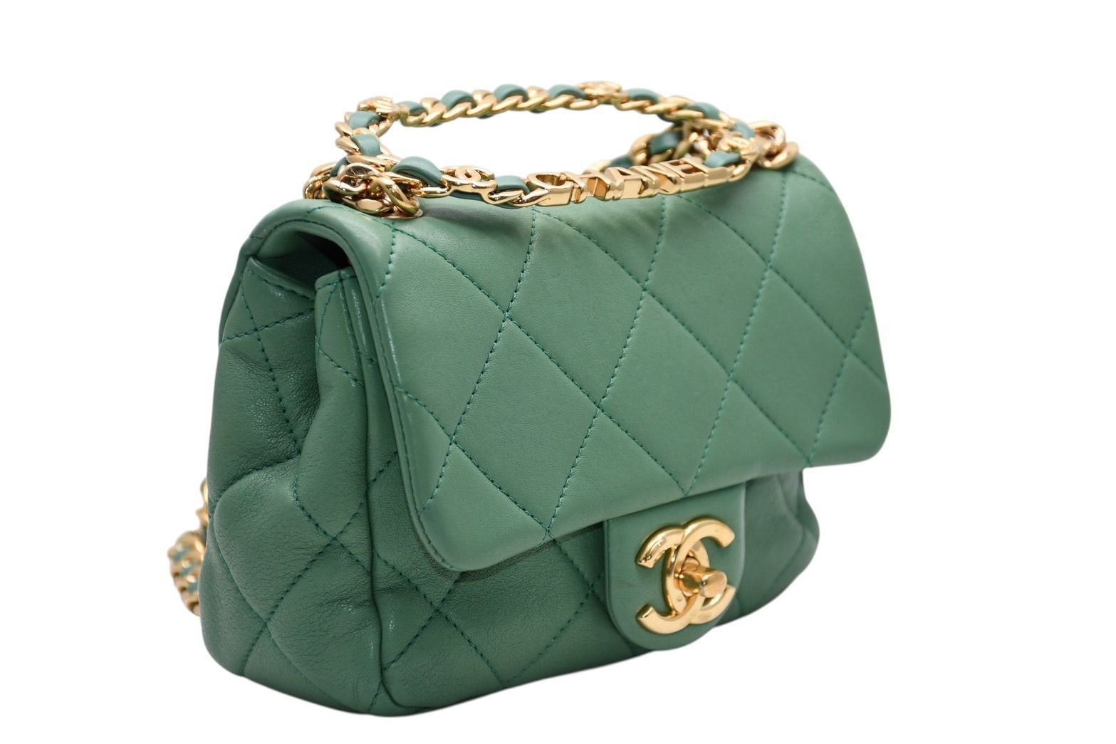 Chanel Mini Quilted Oval Logo Chain Handle Flap Bag Stand Lambskin Green Gold — view 3