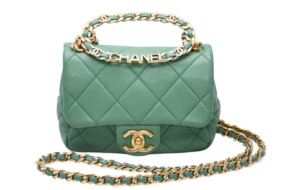 Chanel Mini Quilted Oval Logo Chain Handle Flap Bag Stand Lambskin Green Gold