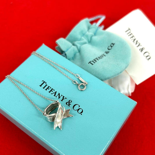 Tiffany & Co Box Vintage Cross Ribbon Necklace 925 Sterling Silver Pendant
