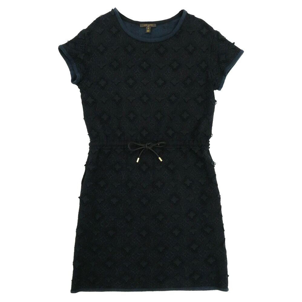 Louis Vuitton Monogram Lace Dress Short Sleeve Black S LV Flower Embroidery