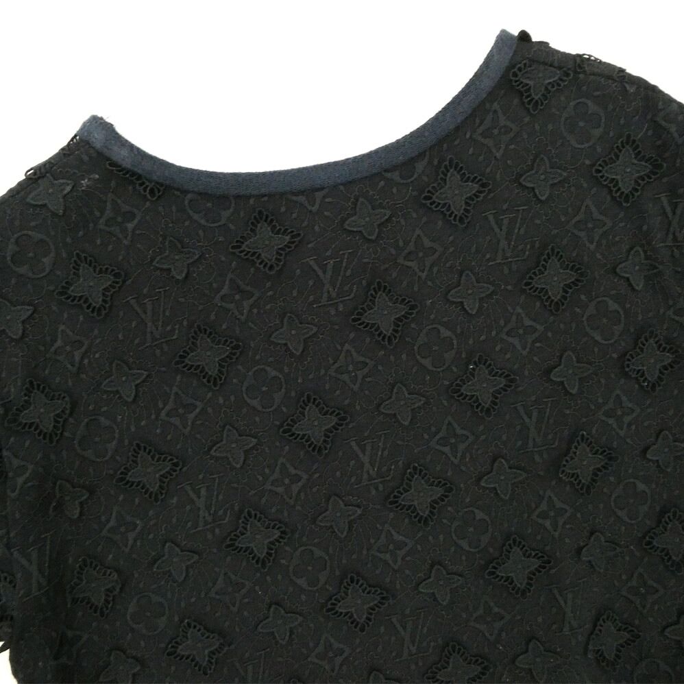 Louis Vuitton Monogram Lace Dress Short Sleeve Black S LV Flower Embroidery — view 4