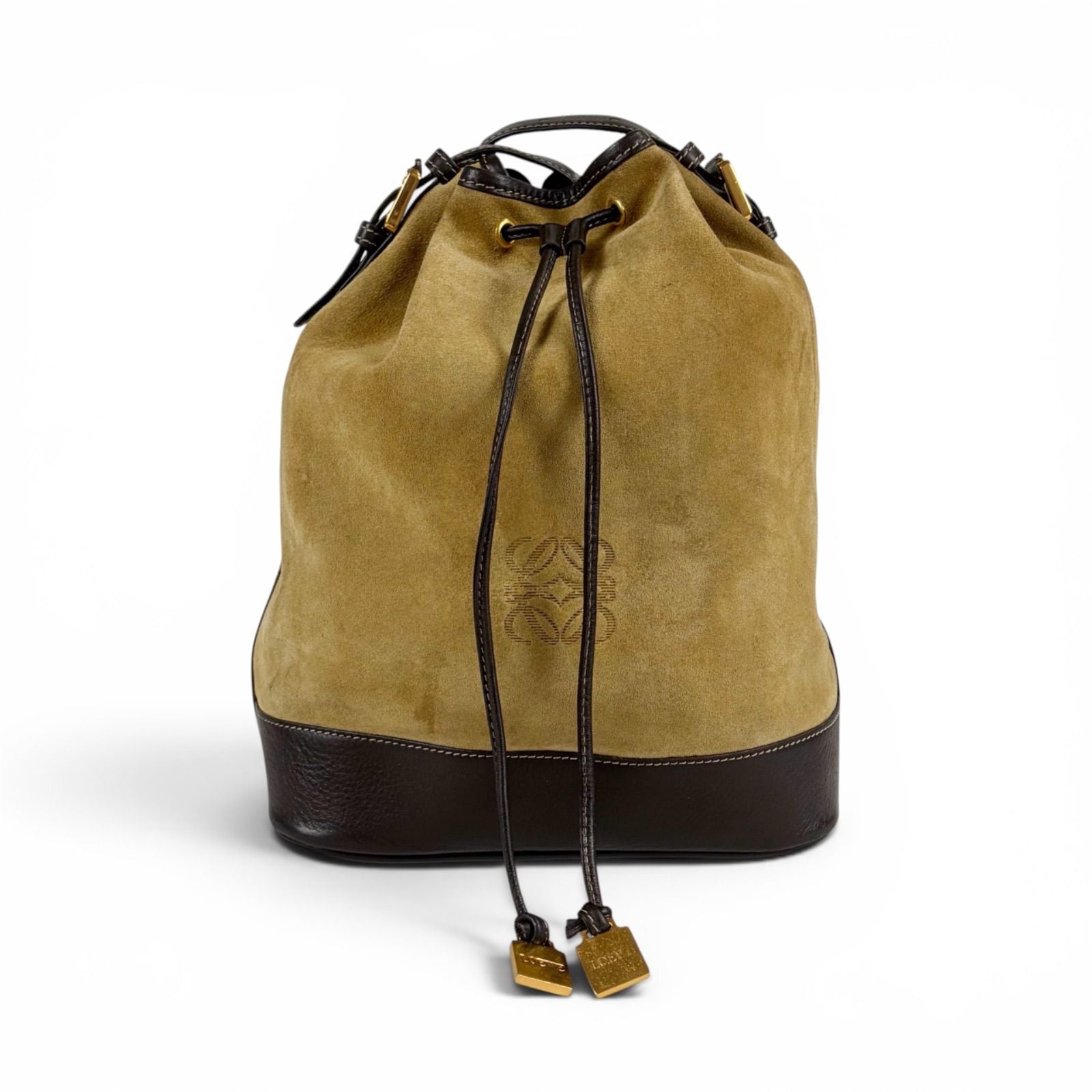 Loewe Anagram Logo Drawstring Shoulder Bag Suede Leather Brown Beige — view 2