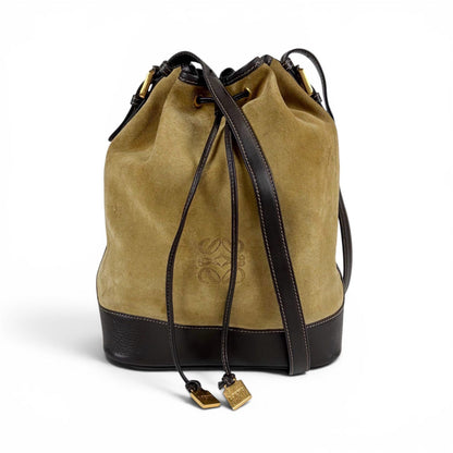 Loewe Anagram Logo Drawstring Shoulder Bag Suede Leather Brown Beige